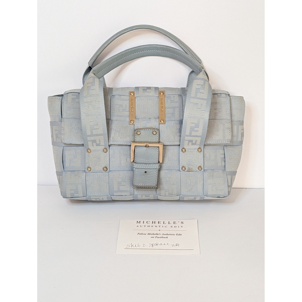 Vintage Fendi Zucca FF Woven Crossword Top Handle Bag Blue Y2K